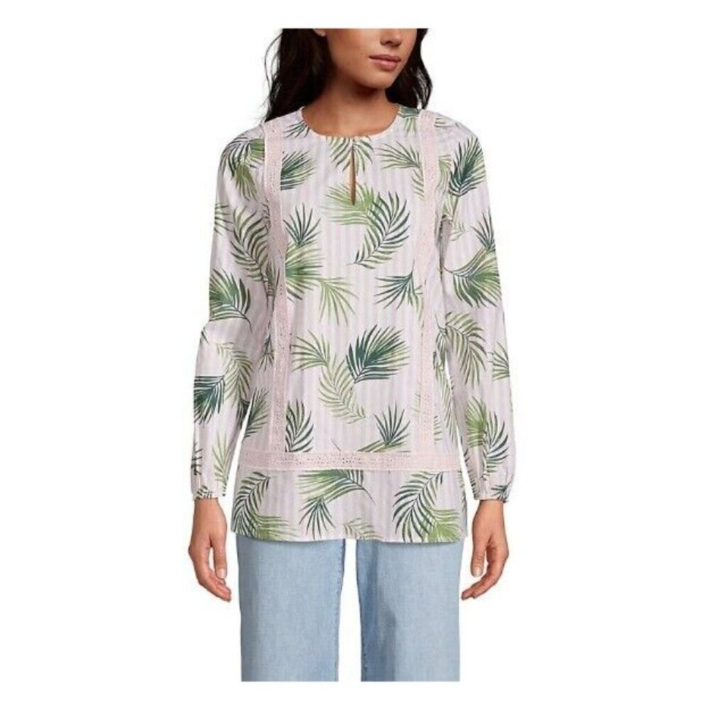 Lands End Top Womens 2X Pink White Striped Palm Tropical Long Sleeve Tunic Boho